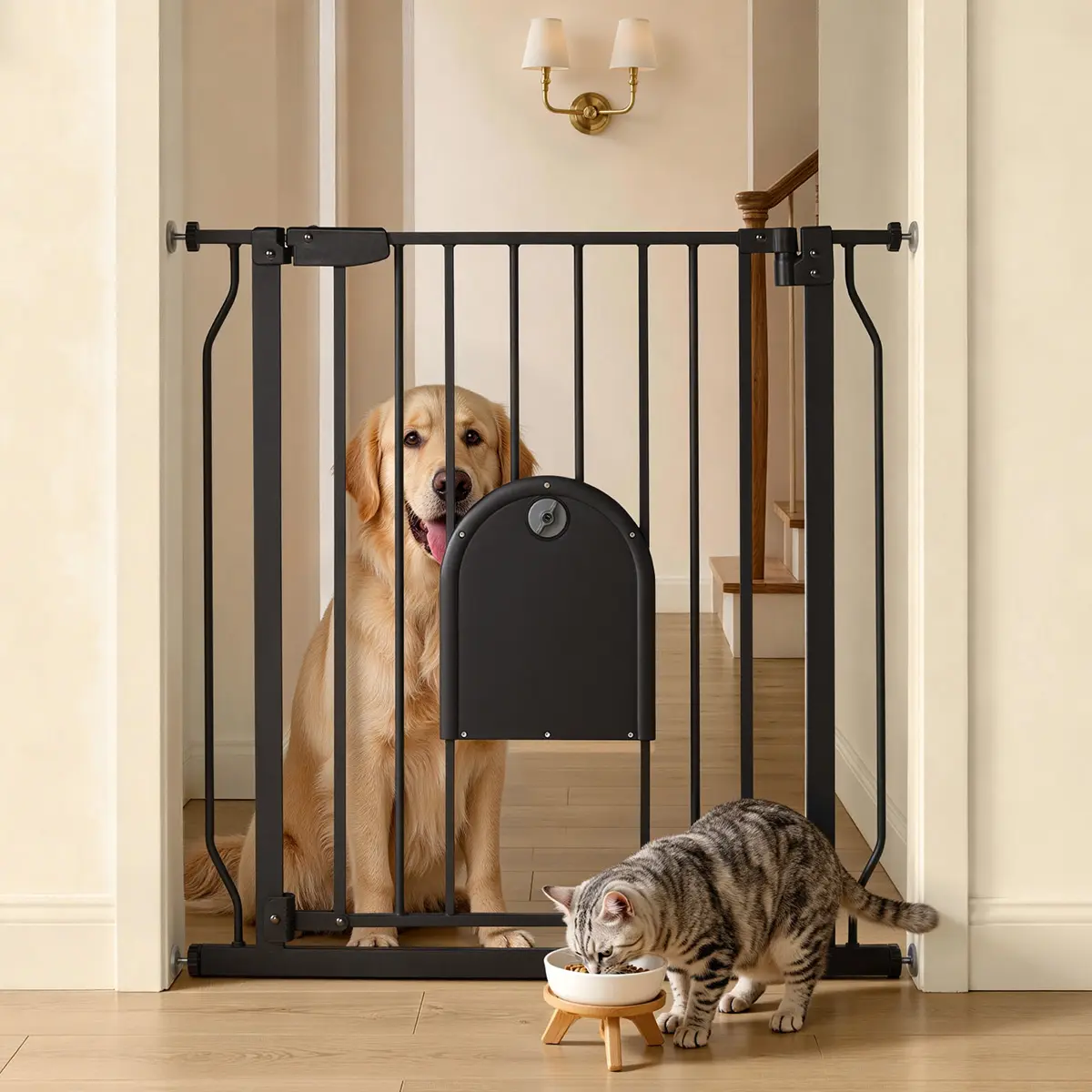 CAVEEN 29.5-33.4" Pet Gate with Adjustable Cat Door, Extra Wide Metal Cat Gate for Stairs Doorways, Auto Close Dog Gate with Pet Door for House, Pressure Mounted Easy Walk Through, (30" Tall, Black)