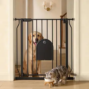 CAVEEN 29.5-33.4" Pet Gate with Adjustable Cat Door, Extra Wide Metal Cat Gate for Stairs Doorways, Auto Close Dog Gate with Pet Door for House, Pressure Mounted Easy Walk Through, (30" Tall, Black)