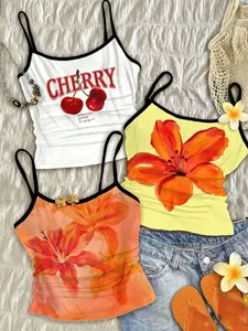 3-Piece Girls' Tropical Floral Cherry Print Tank Set, Ruched Fitted Style, Thin Straps Vest, Beach & Daily Wear, Summer Casual Sleeveless Top, Lightweight