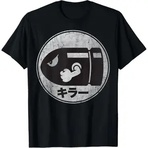 Men's Super Mario Bullet Bill Distressed Kanji Logo Graphic T-Shirt, Natural Shortsleeve Round Neck Fashion Fabric Casual Top
