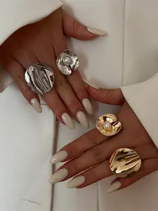 Elegant Geometric Ring Set for Women, Unique Metal Rings with Floral Design, Perfect Party Jewelry Accessories