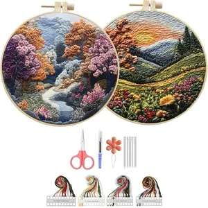Embroidery Kit for Beginners Adults - 2 Pack Cross Stitch Kits with Stamped Flower Patterns Hoop Color Threads Tools Follow Instructions