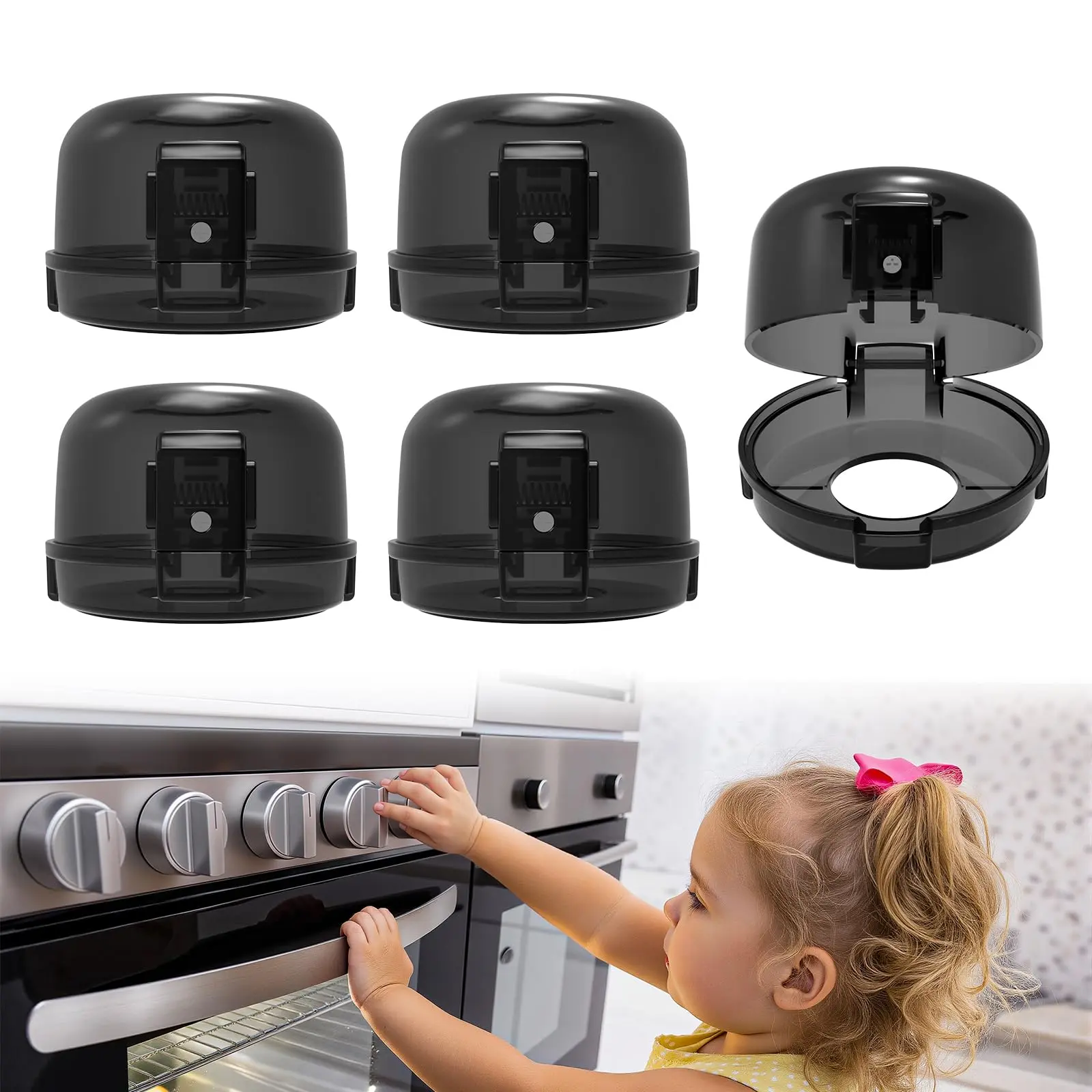 Stove Knob Covers - 5 Pack Heat Resistant Gas With Proof Lock & Strong Adhesive  Oil-proof Oven Semi-transparent Design Black