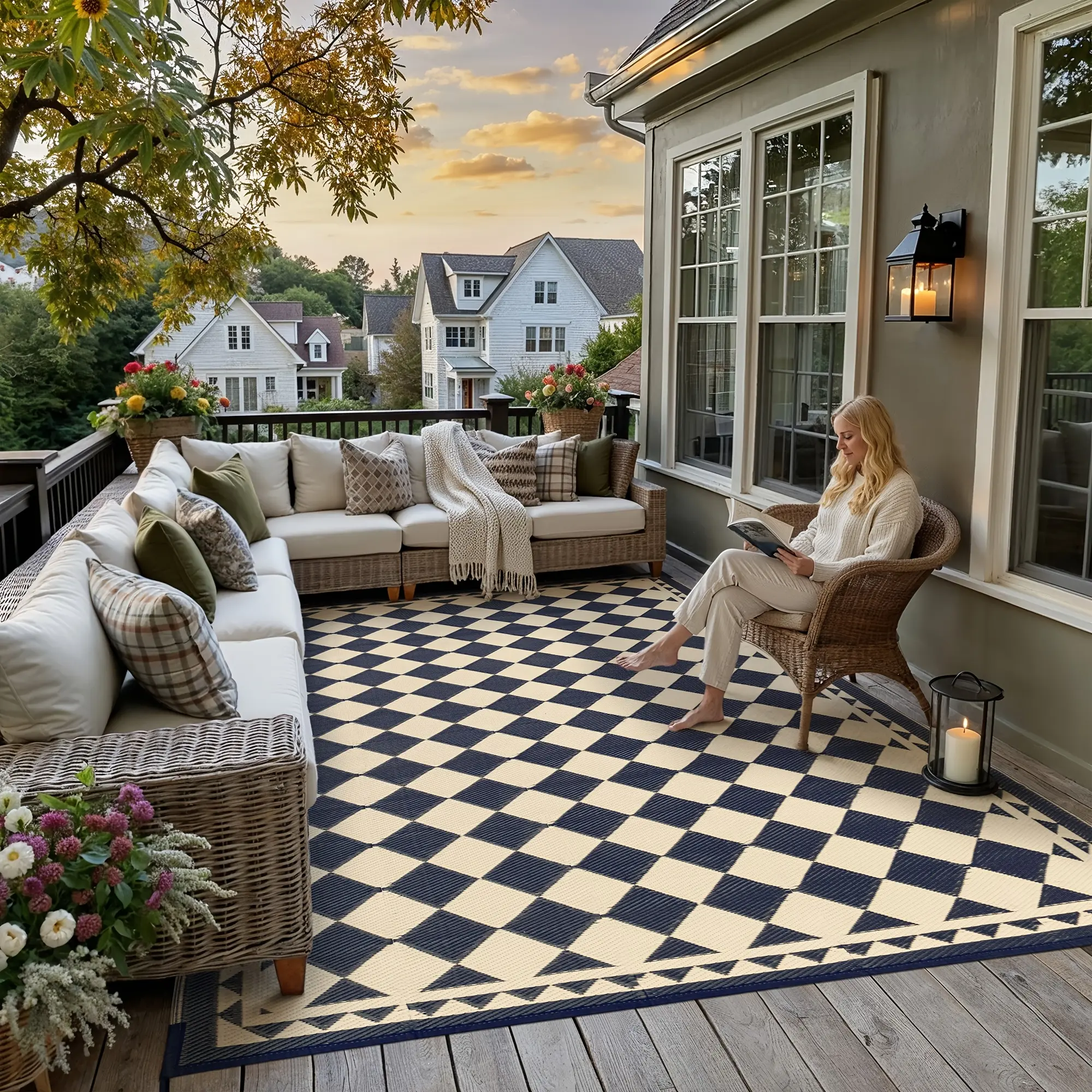 Modern Checkerboard Plaid Polyester Crochet Rug - Beige/Brown, Dustproof, Foldable, Lightweight, Anti-Skid, Durable Indoor-Outdoor Mat for Bedroom, Patio, Outdoor Furniture Set, Poolside, Checkered Plaid, For Patio, Poolside
