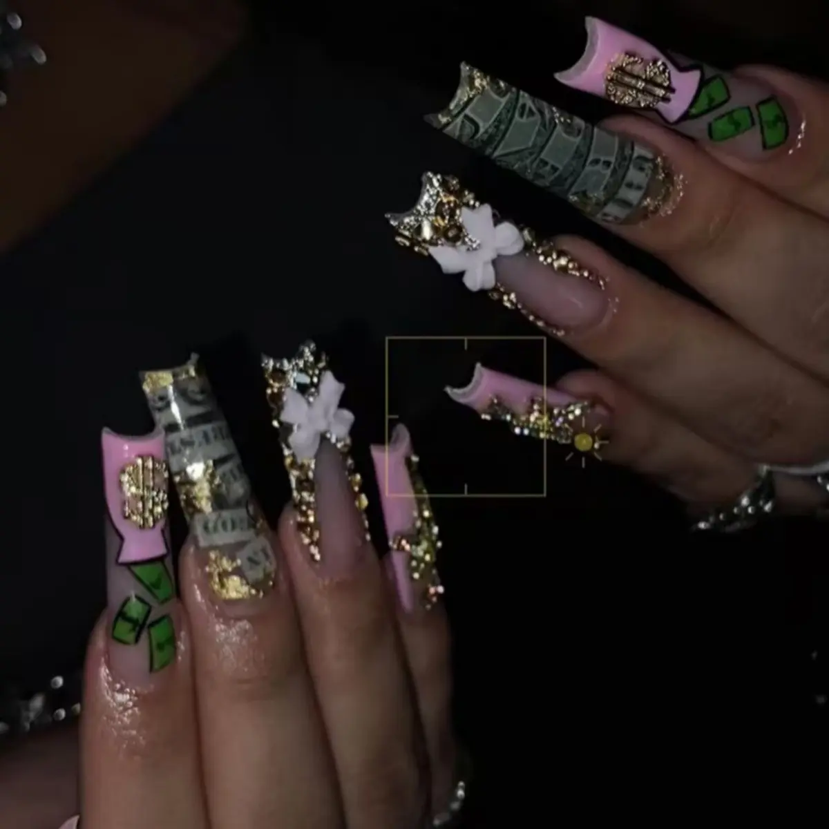Extra Long Ballerina Coffin Press On Nails, Nude Pink Gold Flake Dollar Money Print Fake Nails with 3D White Butterfly Rhinestone Chain Charms, Hip Hop Rich Baddie Glam Salon Quality Reusable Soft Gel Nail Full Set 24pcs