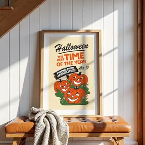 Unframed, Room Decor, Retro Halloween Pumpkin Patch Art Print: Festive Kitchen Decor  – 5 size,  8x12 to 27x40 inch