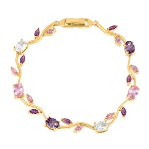 Tulip Zircon Crystal Bracelet Colorful Natural Gemstone Sparkle Stackable 18K Gold Plated Stainless Steel Delicate Sweet Cool Pink Ins Style Branch Nature Inspired Y2K Vacation Beach Elegant Lucky Jewelry Gift for Valentine Anniversary Daily Wear