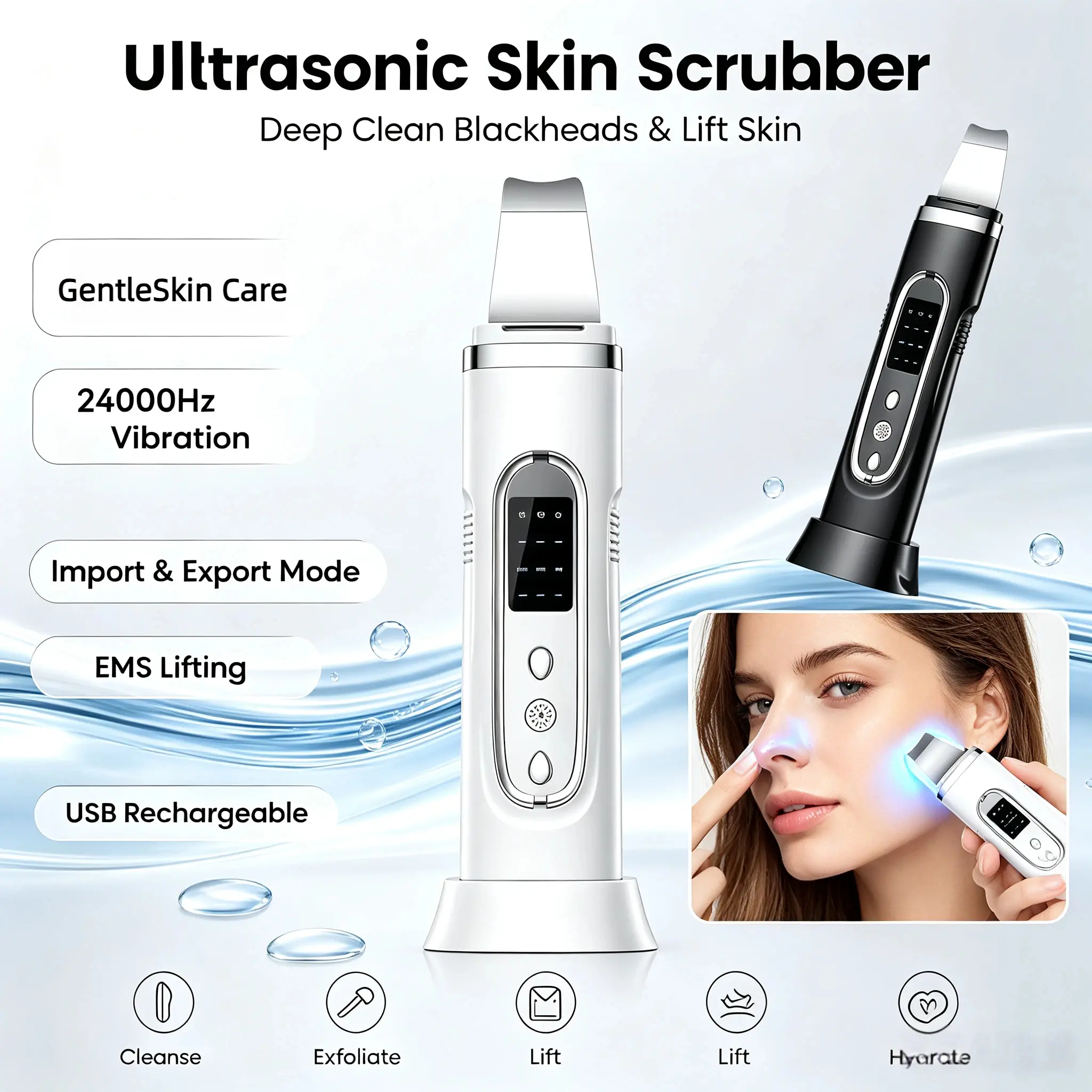 Unisex Ultrasonic EMS Facial Scrubber Skin Spatula - Pore Cleaner for Blackhead Removal, Skin Rejuvenation, Rechargeable, Face Cleaning, Device, High-Frequency