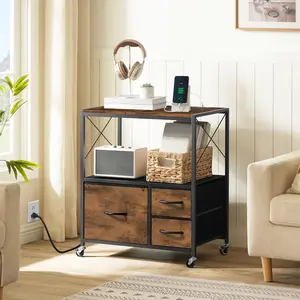 MAHANCRIS File Cabinet with Charging Station, 3 Drawer Lateral Filing Cabinet for Home Office, Mobile Printer Stand with Open Shelf, Fits A4/Letter Size File, Nonwovens Drawer, Rustic Brown
