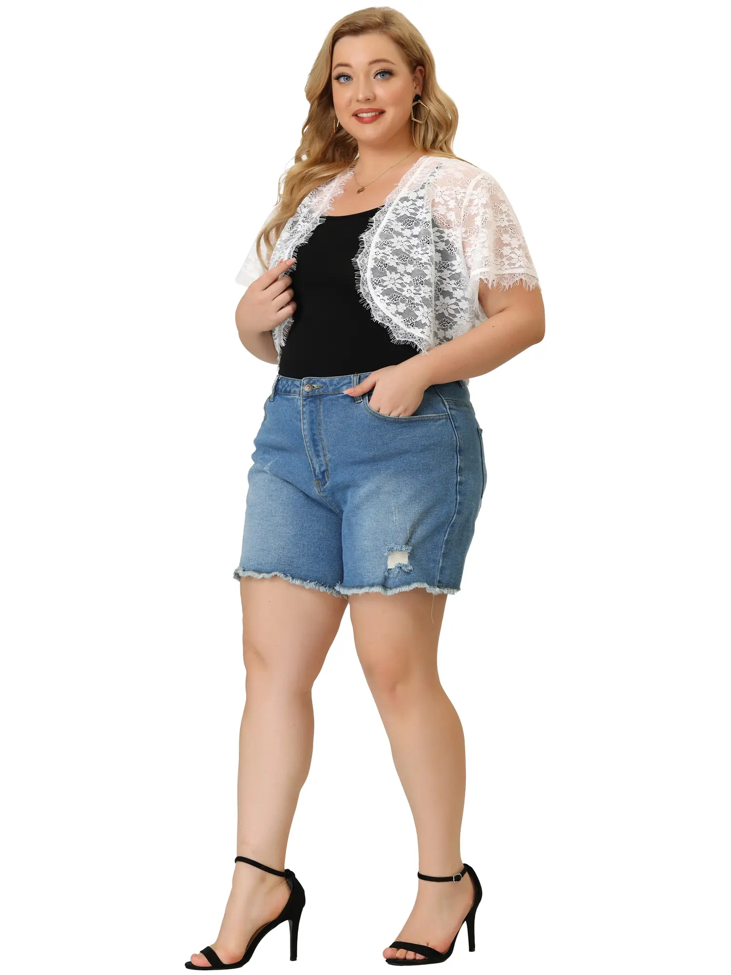 Agnes Orinda Plus Size Bolero Shrug Short Sleeve Open Front Lace Crochet Cardigan