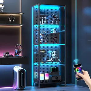 Glass Display Shelf for Collectibles, LED Black Shelf, Curio Cabinet, Lighted Tall Narrow Shelf with Pegboard Steel Frame for Gaming Room, Floor Lamp with Shelves, Living Room, Bedroom, Large