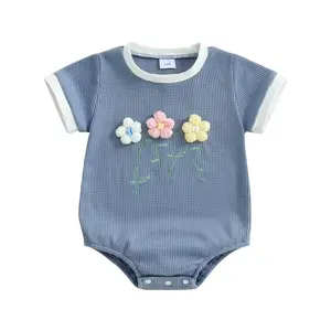Newborn Baby Girl Summer Clothes 0 3 6 9 12 18 24Months Crochet 3D Flower Embroidery Short Sleeve Waffles Bubble Romper Onesie Bodysuit Jumpsuit Spring Outfit