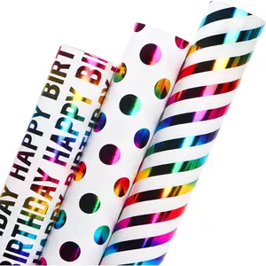Birthday Wrapping Paper Iridescent  Wrapping Paper Mini Roll, 3 Rolls Happy Birthday Polka Dots Stripes Printed Assortment - 17 inch x 120 inch(10feet) Per Roll