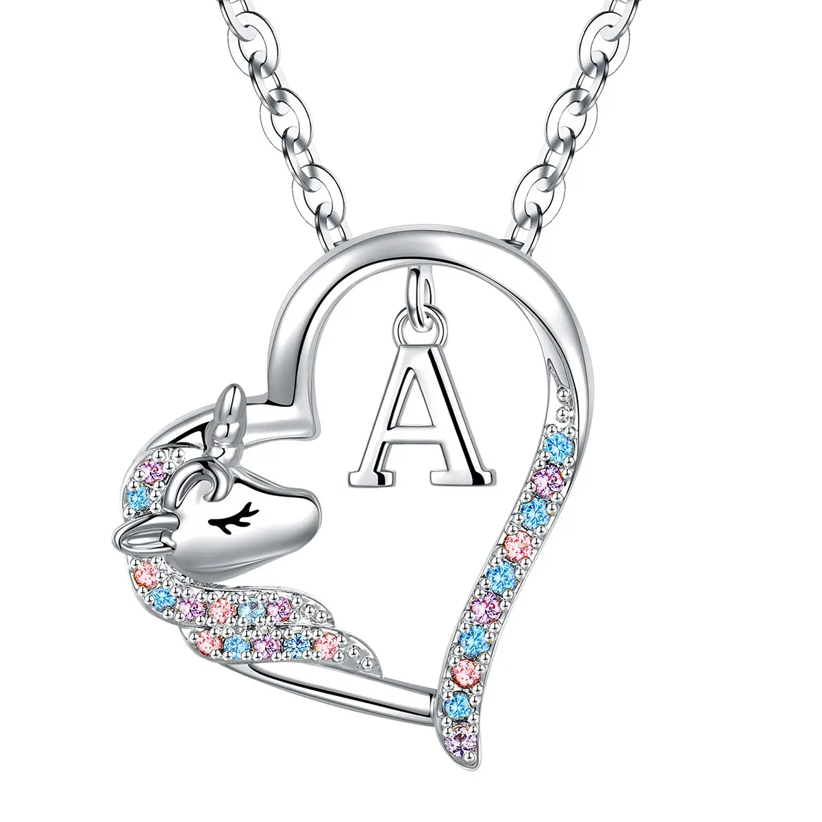 Easter basket unicorn necklace, heart-shaped initials necklace, unicorn necklace, girls' jewelry, birthday Easter gift，Colorful cubic zirconia necklace