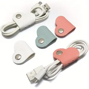 Cute Heart Leather Cable Ties , Reusable Cord Organizer for USB Cables, Headphones, Charging Cords, Cable Management Accessories for Phones, Laptops & Bags