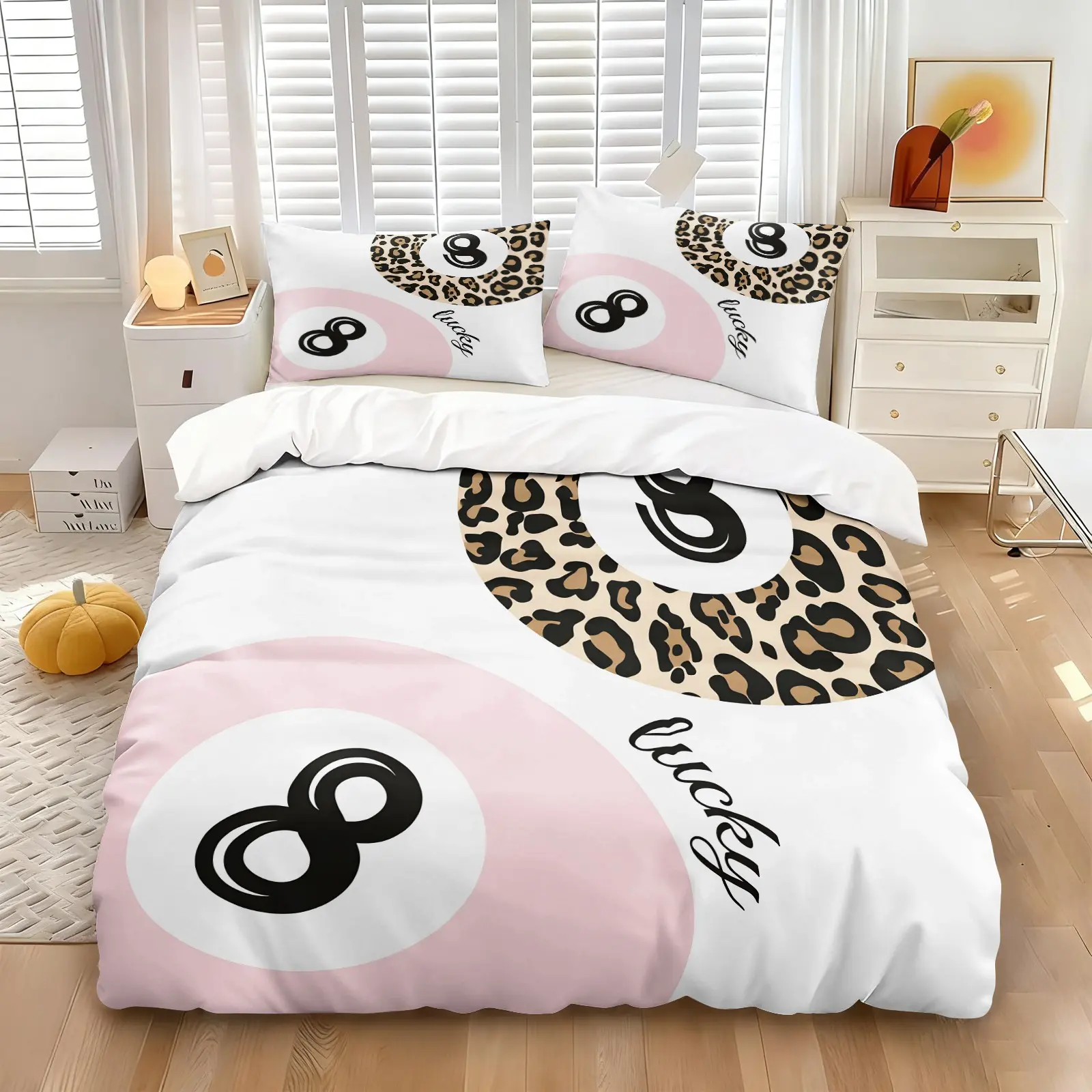 Cool 8 Ball & Leopard Print Duvet Cover Set (No Core), Vintage Pool Ball Print Bedding, Soft Breathable 1 Duvet Cover + 1/2 Pillowcases, All Season Bed Set for Teens, Y2K & Retro Lovers