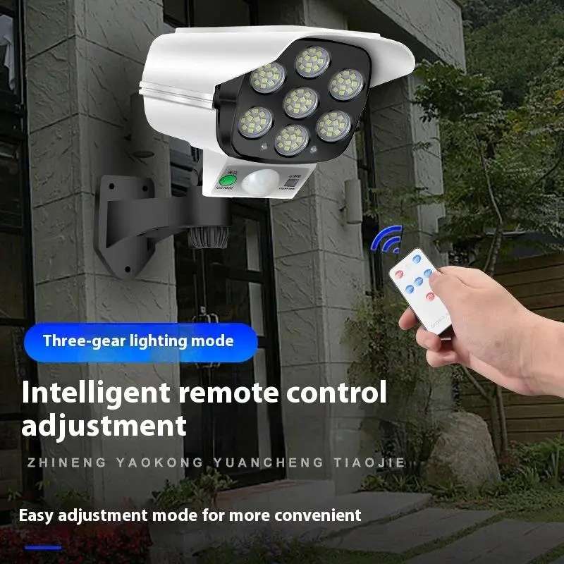 Solar-Powered Wall-Mount Dummy Camera Lamp, 77-LED Motion Sensor Waterproof Night Light with 3 Light Modes, Battery-Powered Home Security Fixture for Porch Garden, Manufacturer Warranty (Not Smart Devices)