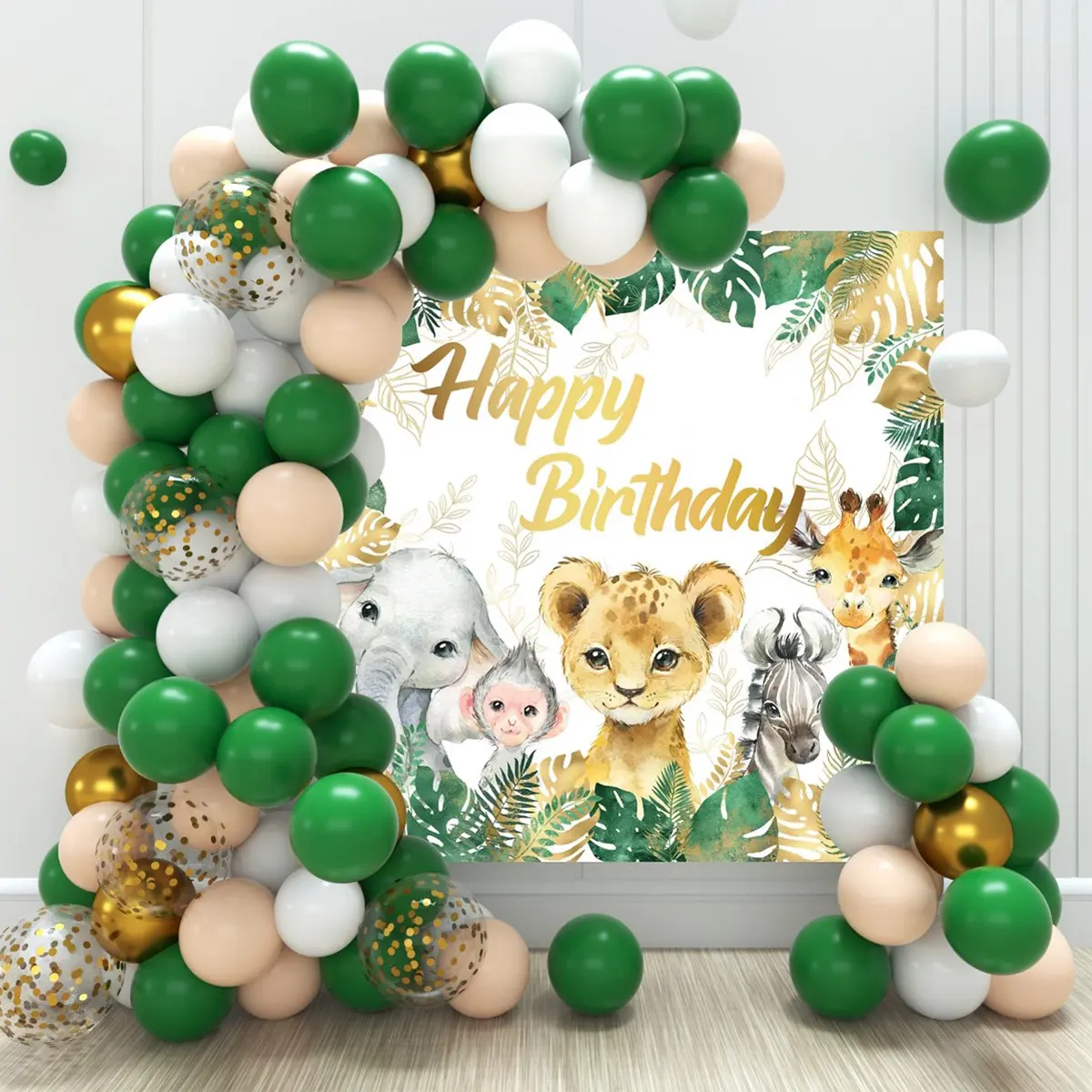 83 pcs Animal-Themed Birthday Balloon and Backdrop Set  A stunning combination of animal-themed balloons and backdrops, perfect for party decorations, birthday decorations, and baby shower parties—ideal for family children’s parties.