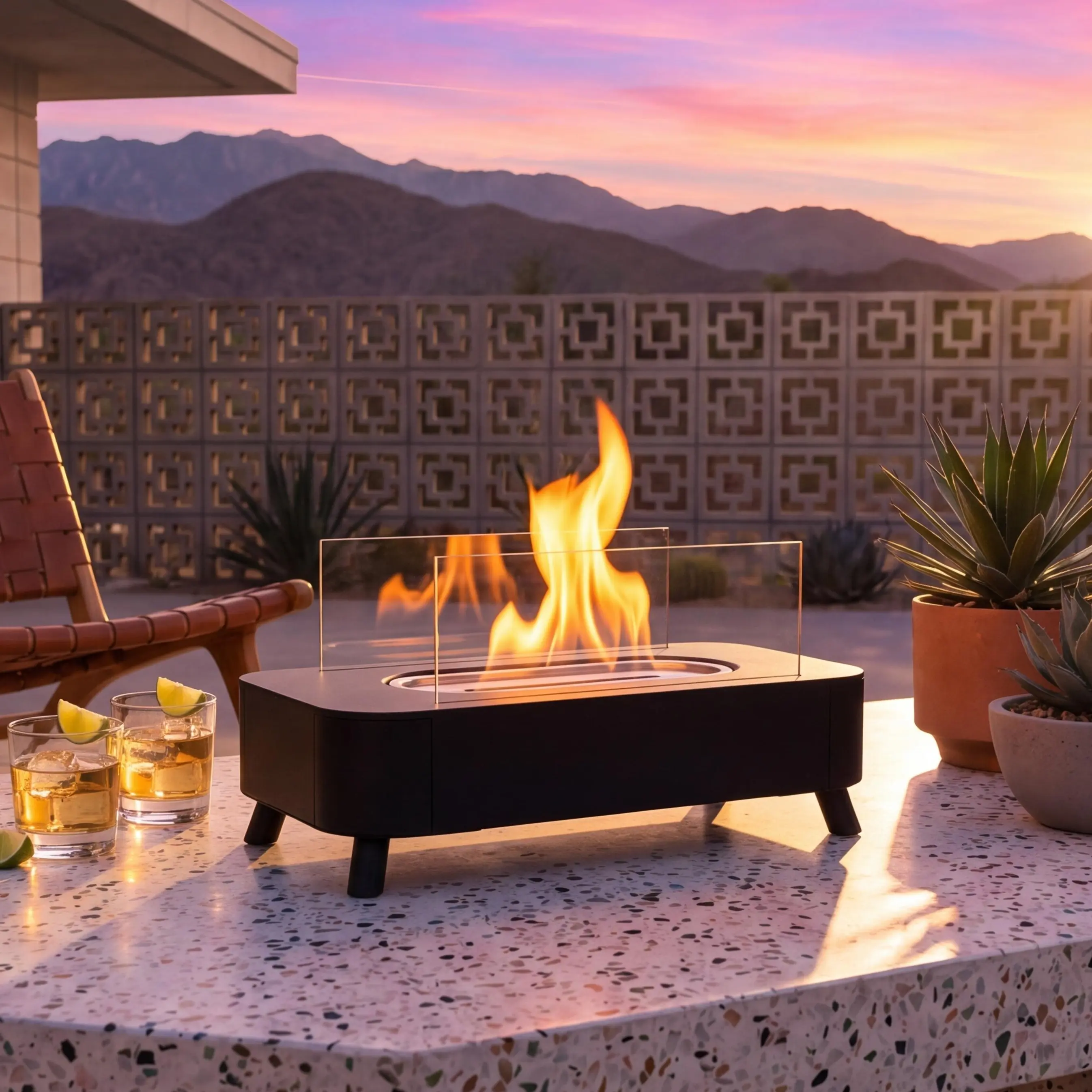 Ventless Bioethanol Tabletop Fireplace - Smokeless Indoor Fire Pit Bowl, Portable Concrete Fireplace for Table Centerpiece Decor metal base