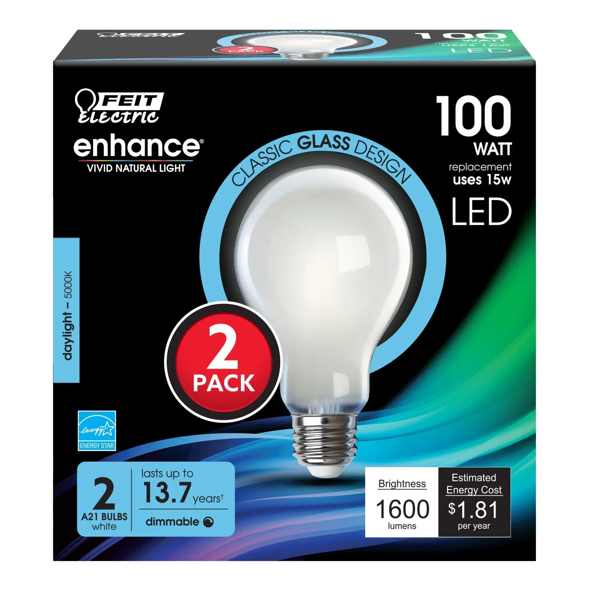Feit Electric 100 Watt Replacement A21 Daylight 5000K E26 Frost Glass Dimmable LED Light Bulb 2 Pack