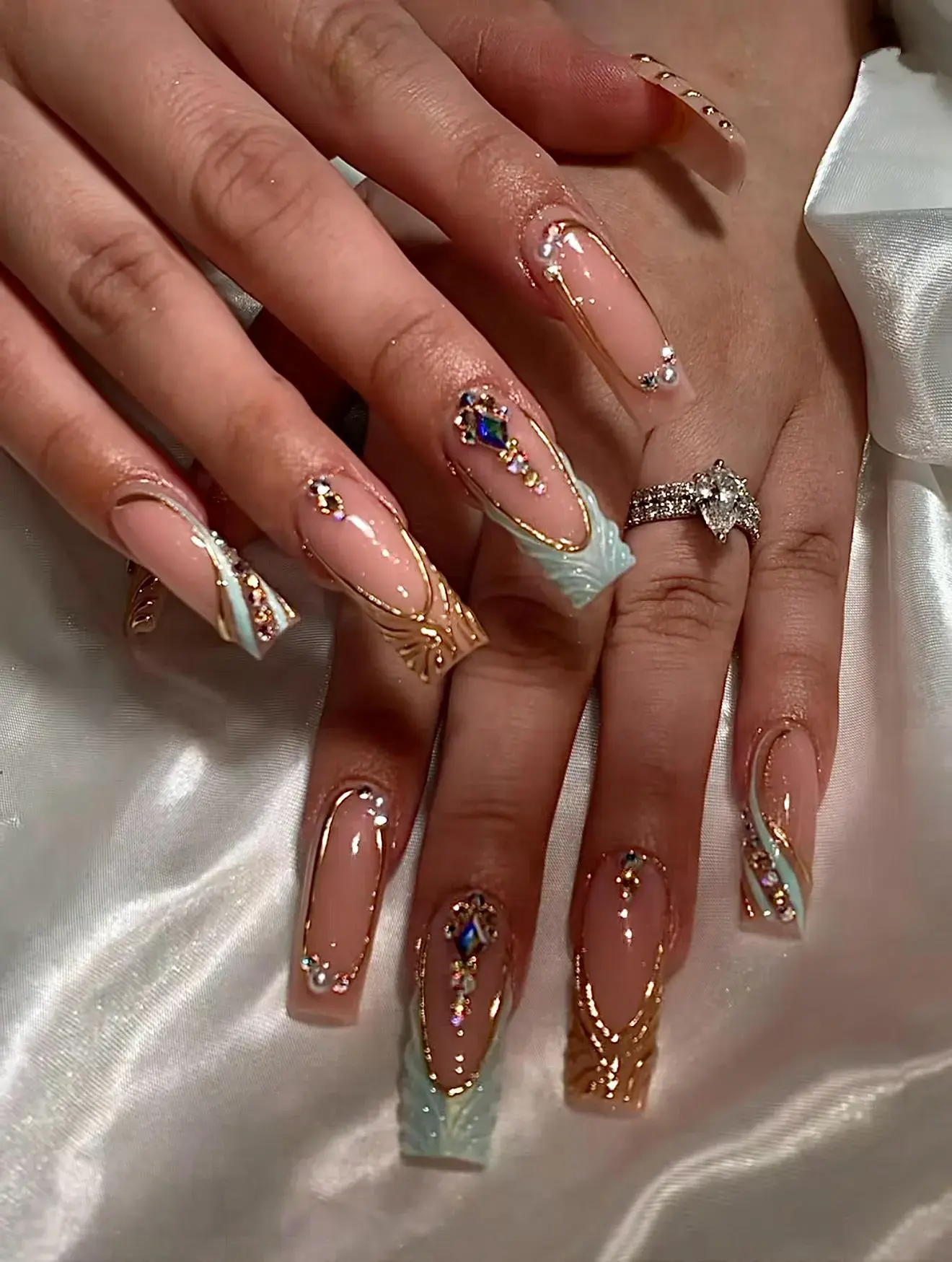 [NEW RELEASE] Glam 3D Gem Press On Nails/Handmade Gel Nails In Long Square/Glue On Nails/Summer Blue Nails/Birthday Wedding Vacation Nails/Gift for Her