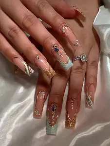 [NEW RELEASE] Glam 3D Gem Press On Nails/Handmade Gel Nails In Long Square/Glue On Nails/Summer Blue Nails/Birthday Wedding Vacation Nails/Gift for Her