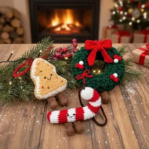 Christmas Amigurumi Ornament Set | Crochet Wreath, Candy Cane & Gingerbread Plush | Cute Handmade Christmas Tree Decoration Gift