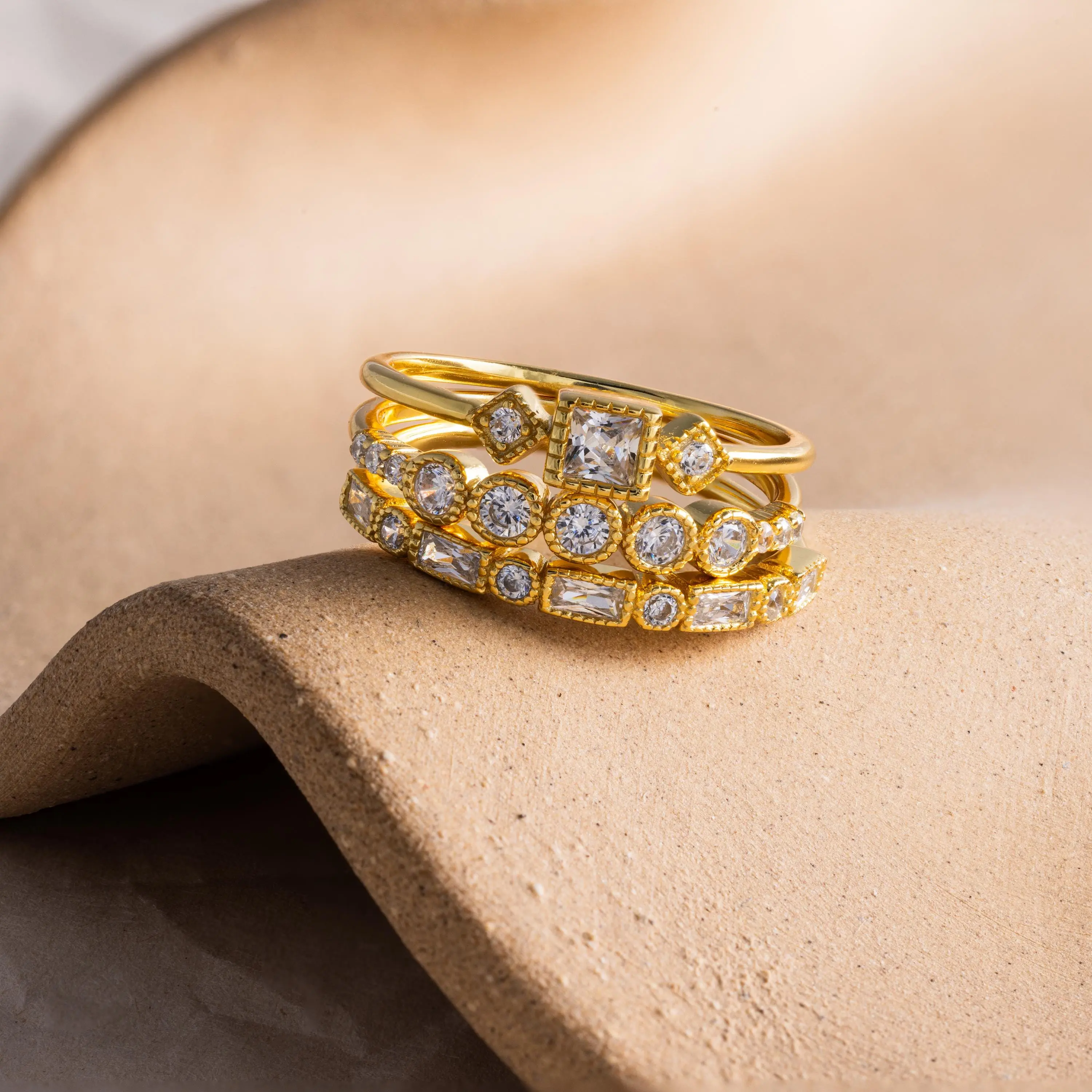 Art Deco Diamond Ring Set by Caitlyn Minimalist - Set of 3 Vintage Crystal Stacking Rings in Gold & Silver - Elegant Bridal Jewelry - Gift for Wife