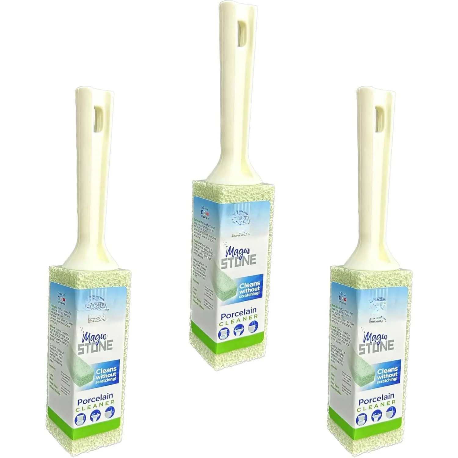 Magic-Stone Porcelain Cleaner with Handle, Made from Recycled Glass, Scouring Stick Toilet Cleaner, Removes Stubborn Lime Stains from Porcelain or Bathroom Fixtures, Pack of 3