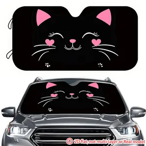 Cute Heart Cat Car Sunshade, Heat-Resistant Front Windshield Cover, 2D HD Print, Ideal for Travel & Camping, Universal Fit
