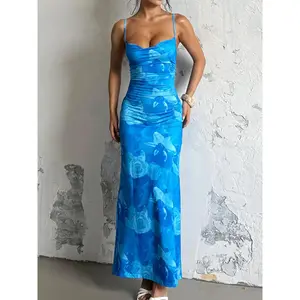 Women's Floral Print Lace Up Bodycon Cami Dress, Elegant Dresses, Adjustable Ruched Sleeveless Long Dress Ladies Clothes for Vacation Holiday Wedding Guest