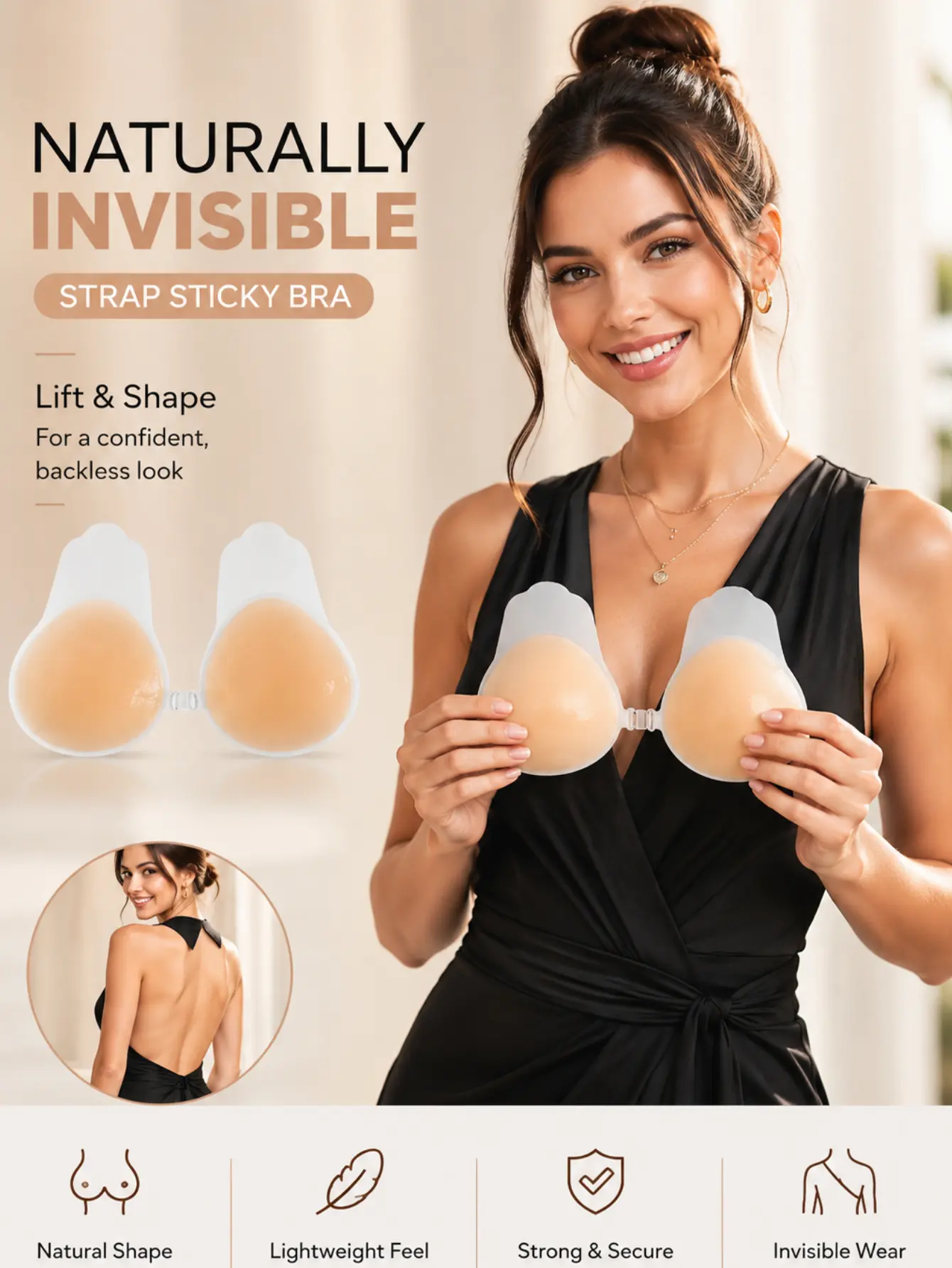 Naturally Invisible Strap Sticky Bra for Confident Backless Look - Natural Shape Lightweight Feel Strong Secure Invisible Wear