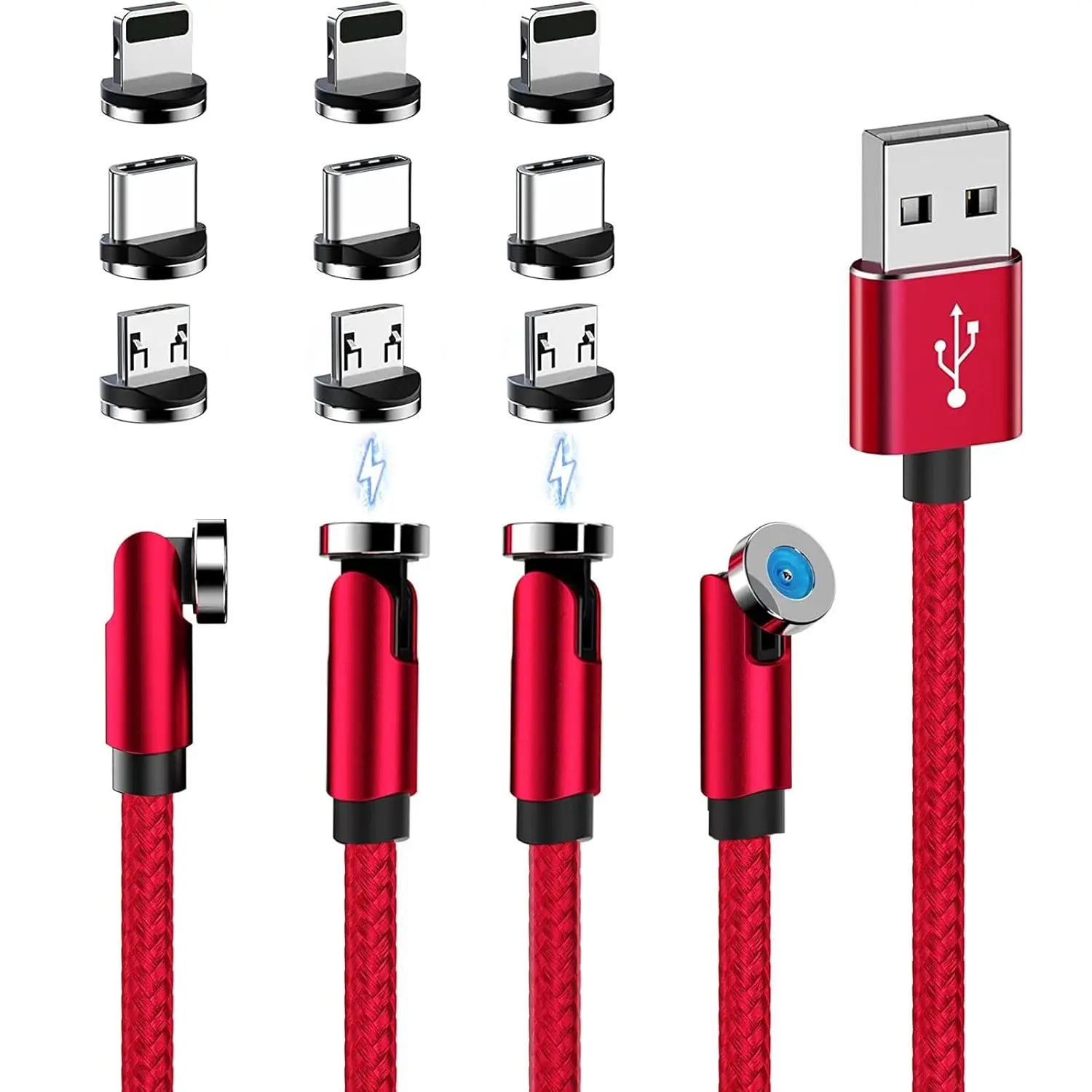 540° Rotating Magnetic Charging Cable 4-Pack (Red, 3/3/6/6ft) - 3-in-1 USB Type C Cord, 2.4A Fast Charger for Cellphone, iPhone, Samsung, Moto, Android Tablet, TWS Earphone, Gamepad