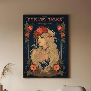 Art Nouveau Stevie Nicks Wall Art Print - UNFRAMED, Vintage Floral Musician Poster, Aesthetic Hippie Room Decor, No Frame Included.