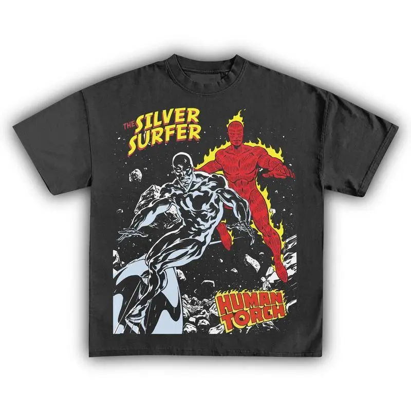 THE SILVER SURFER VS. HUMAN TORCH TEE, For Men, For Women, Breathable Soft Cotton, Casual Round Neck, Regular Fit, All-Season