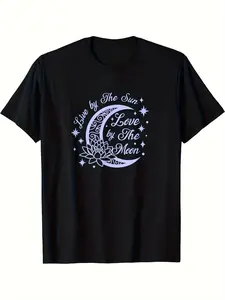 Live By The Sun Love By The Moon T-Shirt - Unisex 220GSM Heavyweight 100% Cotton Retro Celestial Sun & Moon Graphic Tee, Round Neck Short Sleeve Shirt for Men & Women (S-XXXL) - Ideal Christmas/ Gift for Dad, Husband, Grandpa