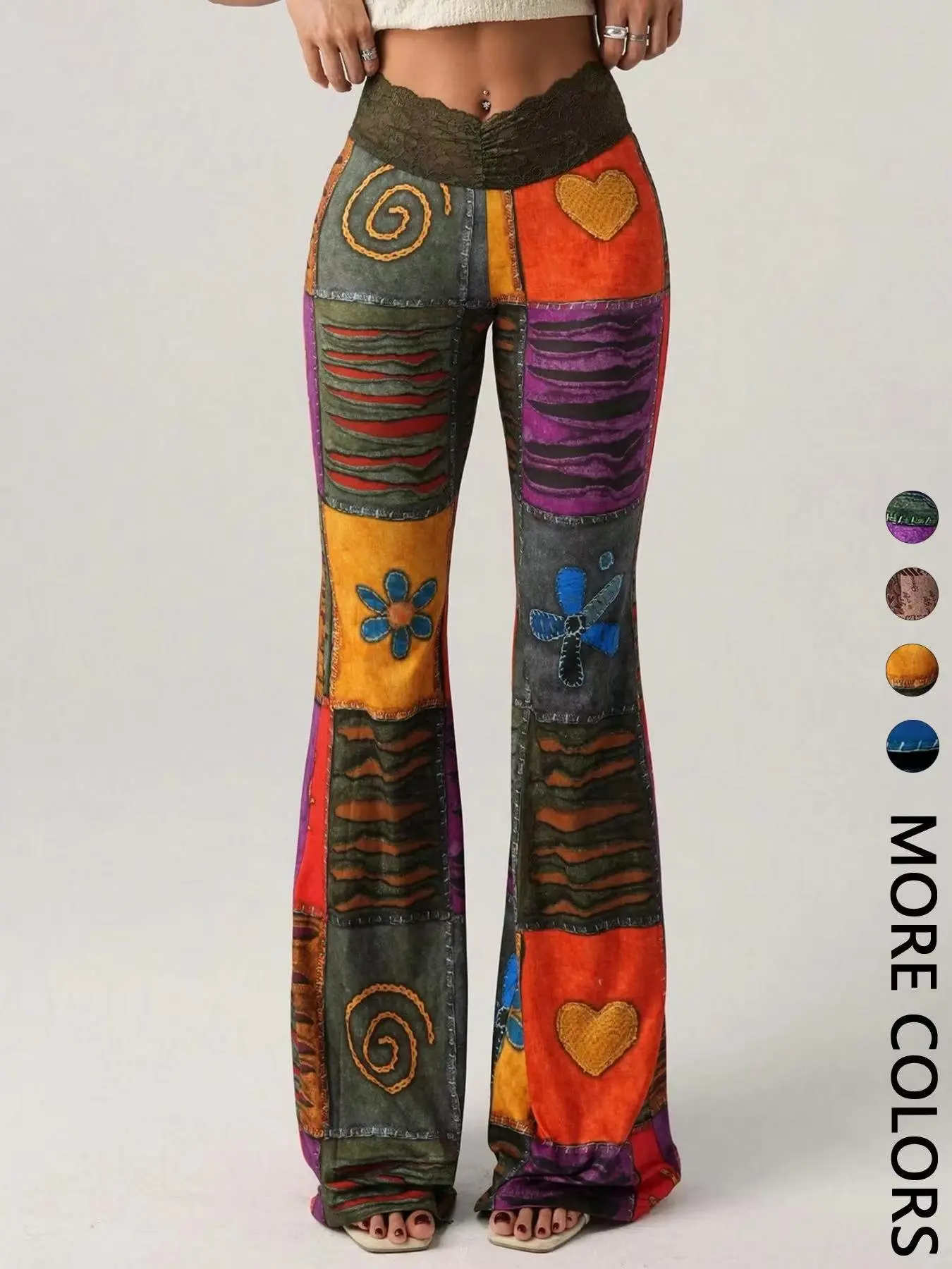 1 Pair Vintage Bohemian Flare Pants, Artistic Patchwork Print, Hearts Pattern and High-Waist Design, Soft Knit Womenswear for Music Festivals & Summer Days