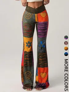 1 Pair of Vintage Flare Pants, Artistic Patchwork Print & High-Waist Design, Soft Knit for Music Festivals & Summer Days