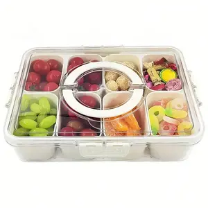 8-compartment snack box, handle tray & cutting board. Clear storage for fruits & snacks, road trip ready. Not dishwasher safe. Must-have. Also: candy bags, plates, banquet platters, plastic plates, gift bags.