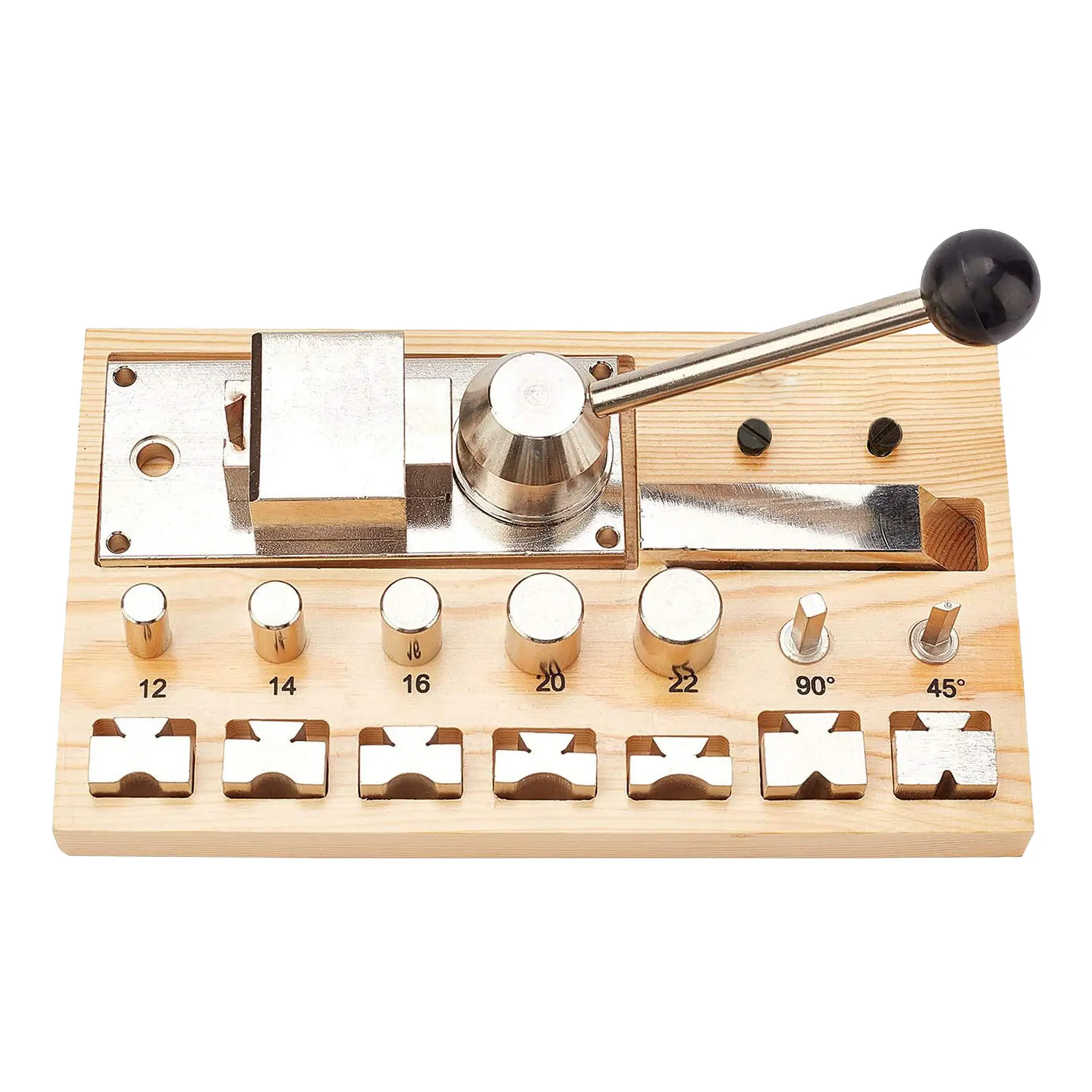 Professional Jewelry Ring Bender Set with Sturdy Wooden Base - Beginner-Friendly Jewelry Making Tools for Hobbyists, Metal (Silver & Copper), 12/14/16/20/22mm Dies, 45/90° Angles, Ergonomic Lever Handle, Ring Bending Mandrel for Clean Uniform Curves