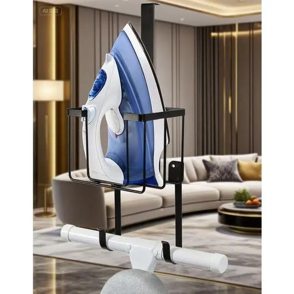 Black Ironing Board Hanger - Steel, Compact Laundry Room Organizer with Hardware Included, Over-The-Door/Wall-Mount Storage Holder, Holds Most Size of Iron & Board, 7.08l x 5.9h x 5.9w inches Space-Saving Solution