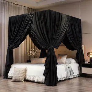 Black Canopy Bed Curtains Full Size,Royal Breathable Lightweight Private Space-Elegant Bed Curtains Bedroom Decoration Accessories for Adults