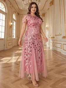 Elegant Plus Size Women's Mermaid Insert Mesh Patchwork Round Neck Short Sleeve Bridesmaid Dress, Mother of the Bride Wedding Gown