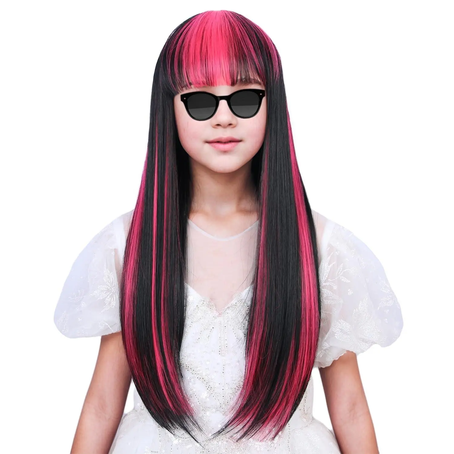 X-HDW01   Kids Black and Pink Wig with Bangs Child Black Wigs with Pink Highlight Long Straight Wigs for Kids Girls Daily Halloween Cosplay Wig