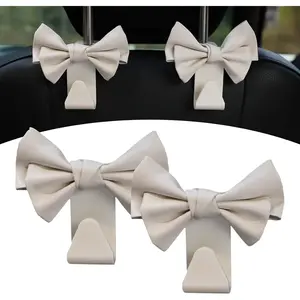 2 Pack  Seat Headrest Hooks, Cute Bow Design Backseat Hook Storage Organizer for Purses, Handbags, Coats, Umbrellas, Cute  Accessories for Women and Girls (White Leather)