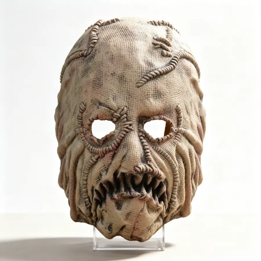 Weathered sewn rag horror mask with jagged teeth — viral creepy disguise for adult Halloween and dark farm-themed parties