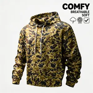 Men’s Army Green Camouflage Hooded Sweatshirt - Streetwear Tops with Ribbed Sleeves, Lightweight Stretch Fabric, Spring-Autumn Pullover for Casual Daily Wear & Outdoor Activities