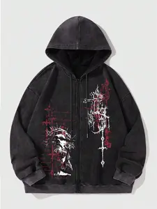 Men's Cotton Zipper with Jesus Pattern Print, Casual Loose Fit Long Sleeve Sweatshirt, Spring & Fall Fashion Top, Cross Print Hoodie