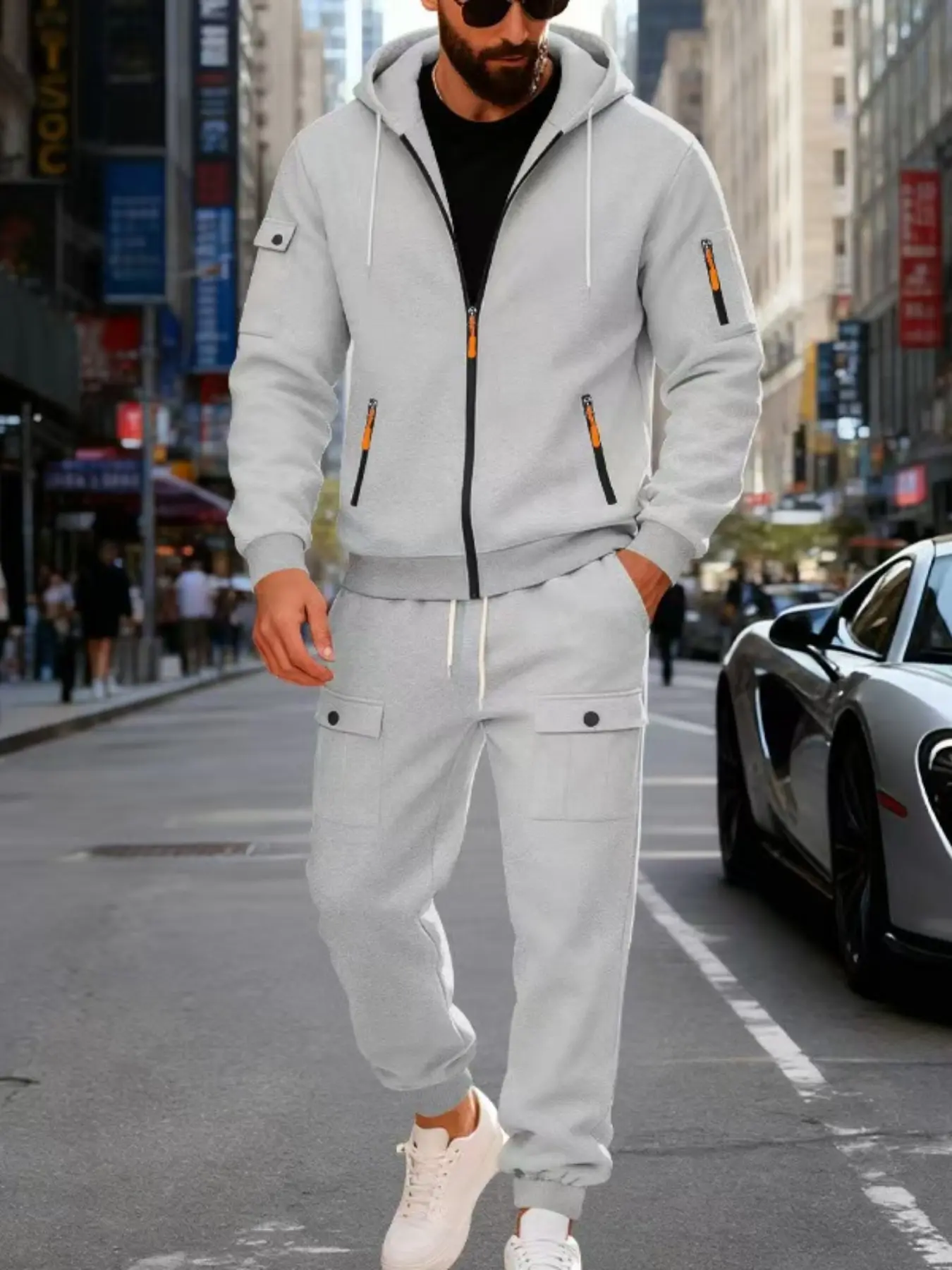 Men's Autumn Winter Tracksuit 2-piece set , Hooded Zip Jacket & Cargo Pants Set, windproof, warm and rainproof. A casual 。Loose-Fit Long Sleeve Sweatshirt, Fall & Winter Casual Wear, Tracksuit Sets