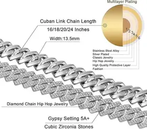 Mens and Womens Miami Cuban Link Chain Necklace 12mm Diamond Prong Cuban Chain 18/20/24inch Length Hip Hop Jewely